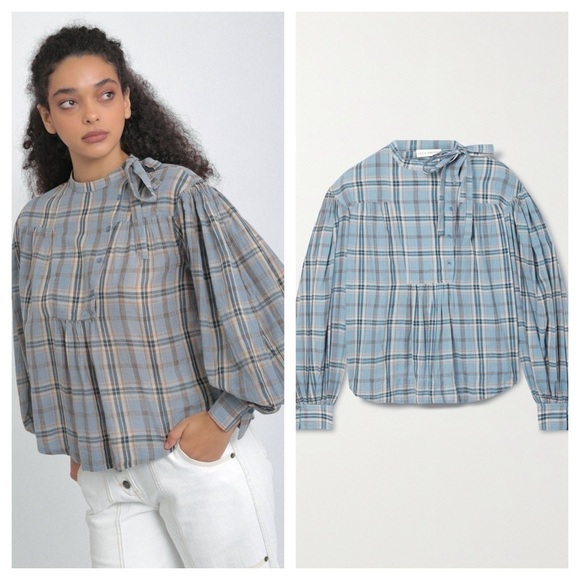 Ulla Johnson Tops - Ulla Johnson / Clarke blue plaid gathered checked cotton voile blouse top 8
